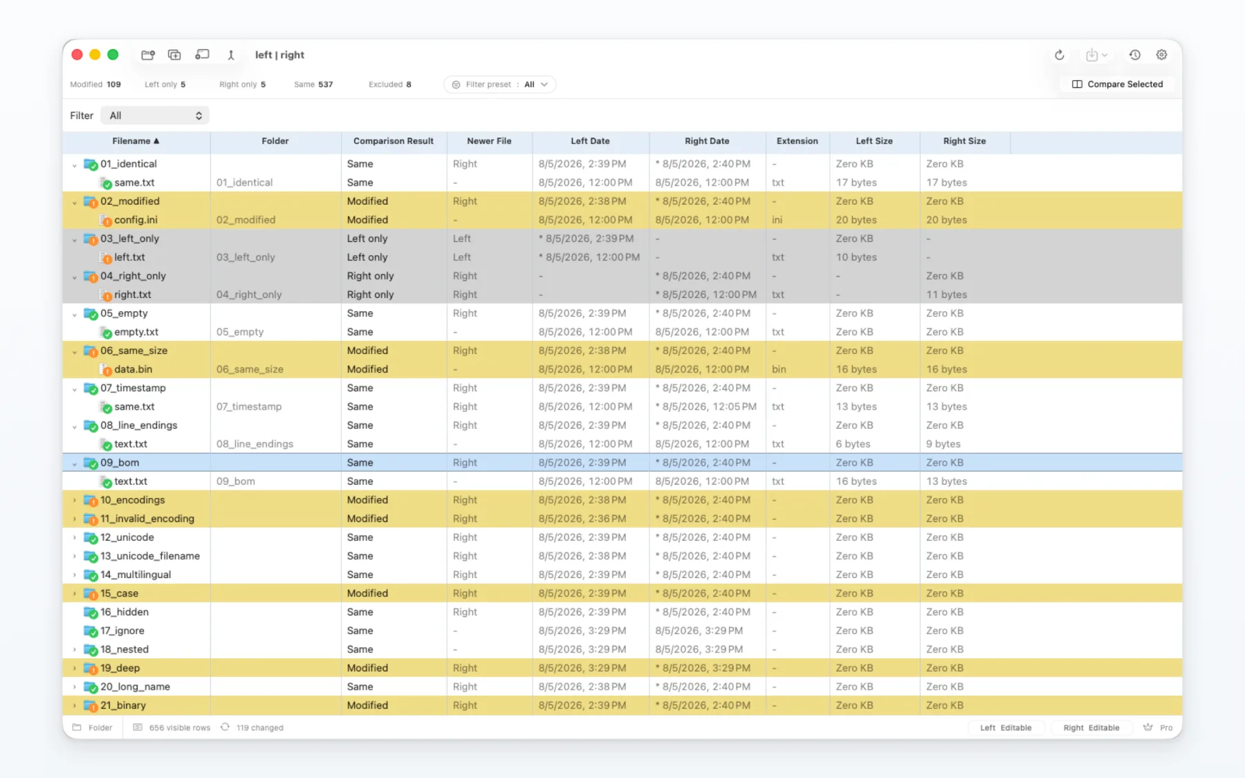 MergeDock folder comparison showing a large structured project tree