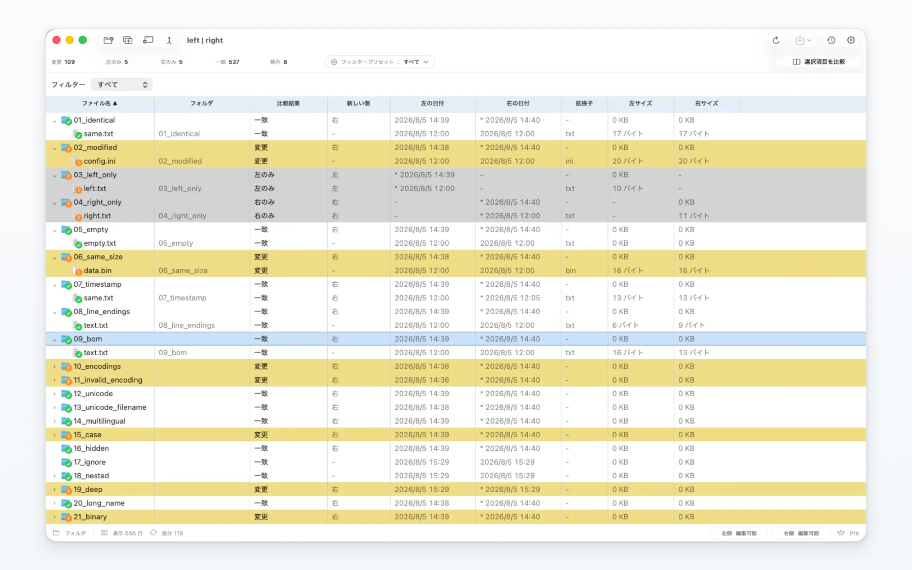 多数の項目を含むプロジェクトツリーを表示するMergeDockのフォルダ比較